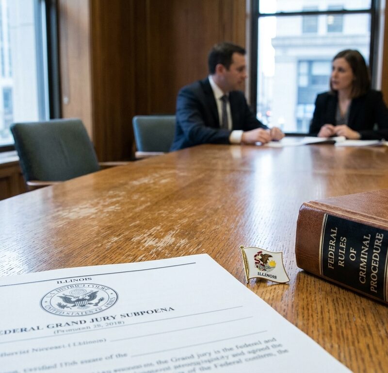 Federal Grand Jury Subpoena document and Federal Rules of Criminal Procedure book on conference table