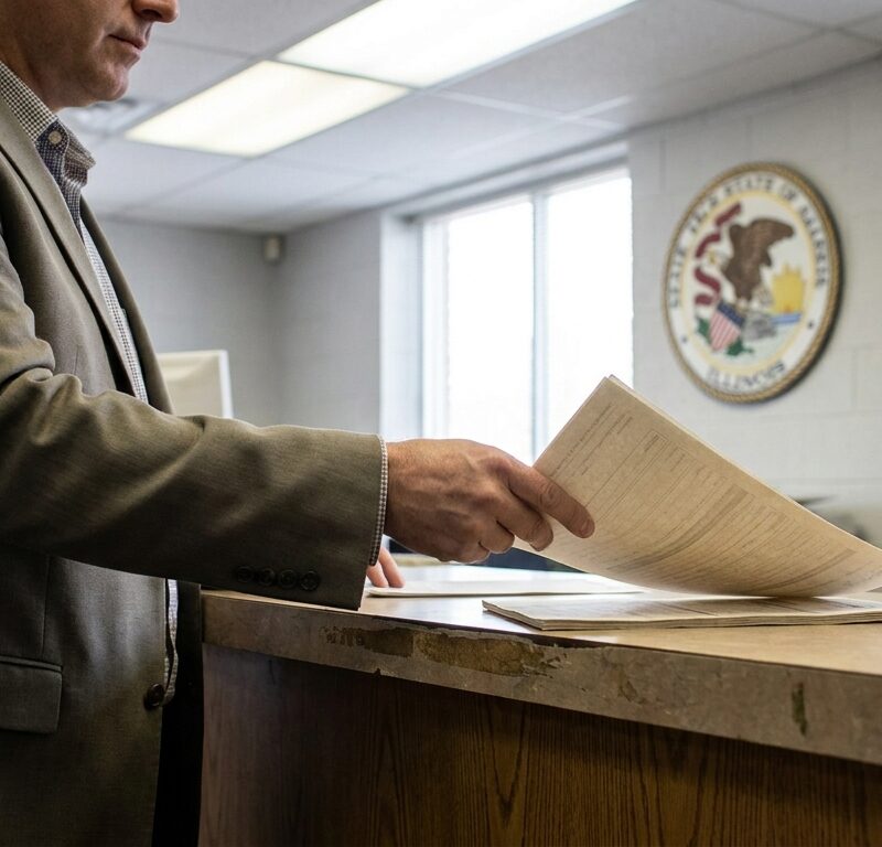 attorney reviewing legal documents at counter beneath Illinois state seal