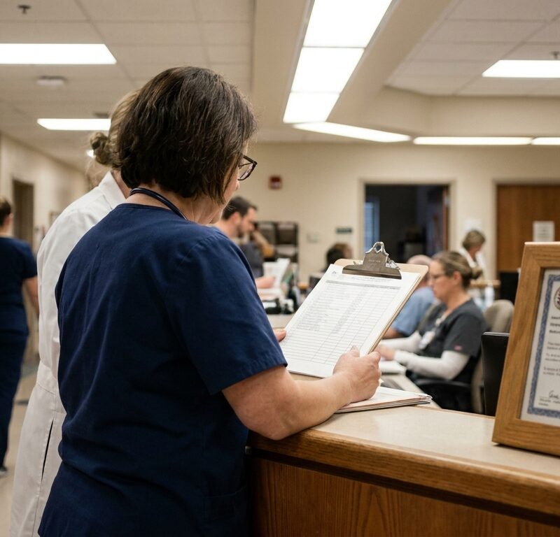 nurse reviewing clipboard at hospital station beside Illinois State Medical License