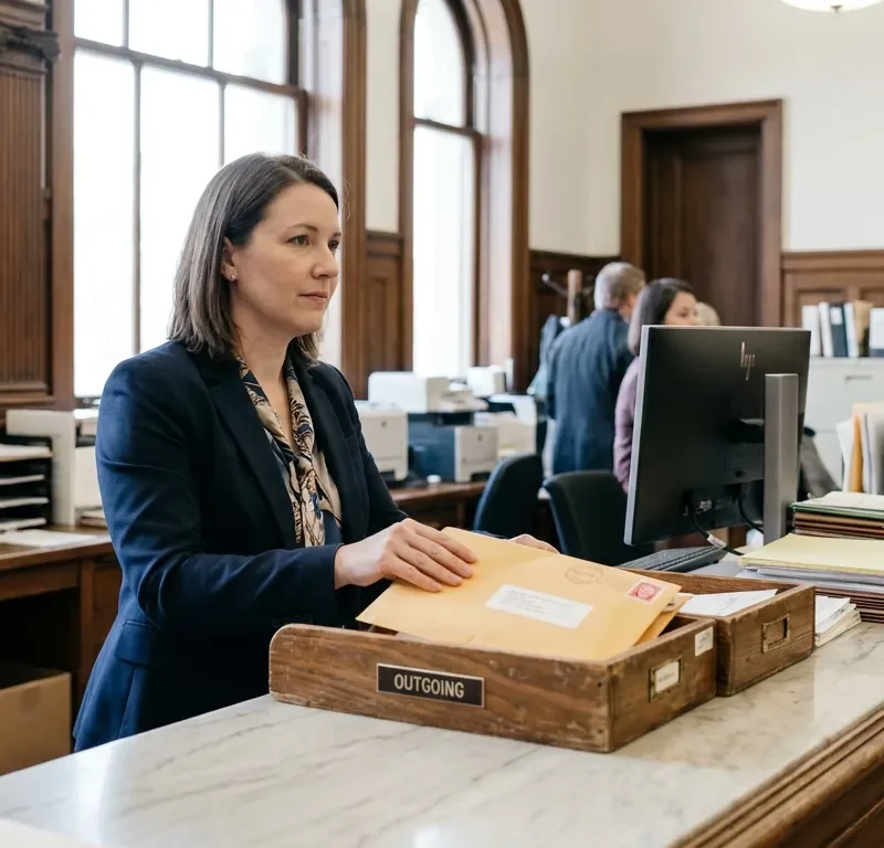attorney submitting envelope at federal court clerk's outgoing document tray