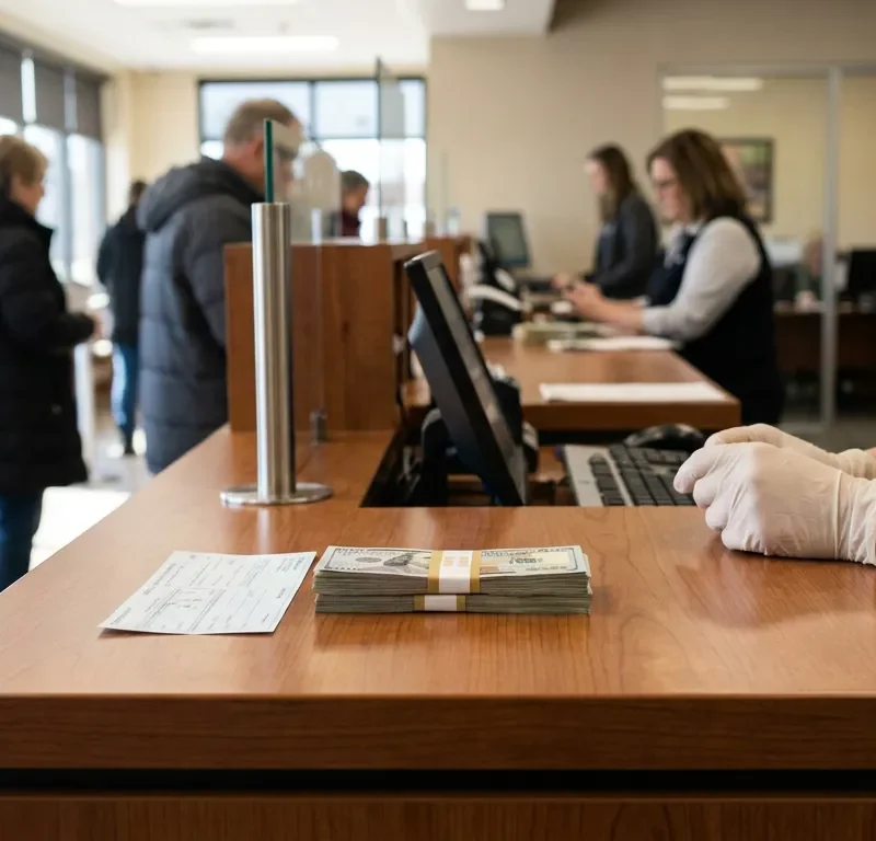bank teller counter with stacked cash bundle and check beside gloved teller