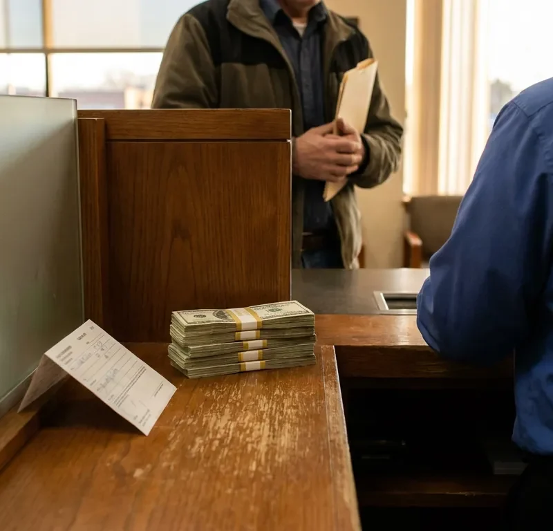 stacked cash bundles and check on counter during financial transaction at desk