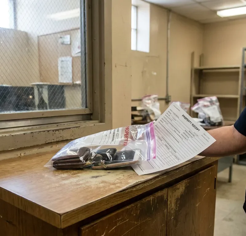 uniformed officer holding property receipt next to sealed evidence bag in jail facility