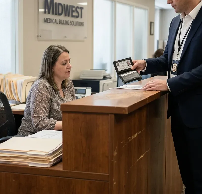 federal agent presenting badge at Midwest Medical Billing Solutions front desk