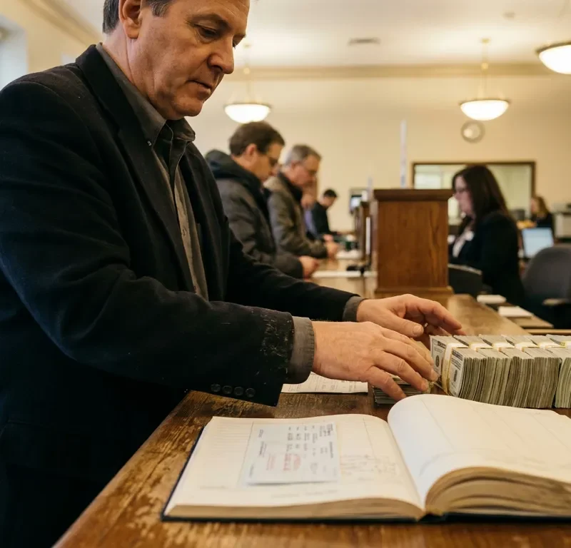 man handling stacked cash and open ledger book at bank counter