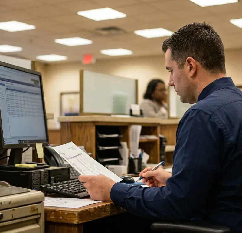 man reviewing printed document at desk with computer monitor in office