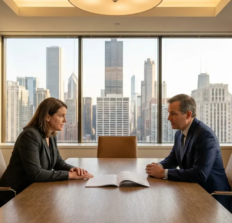two professionals meeting across conference table with open document and city skyline