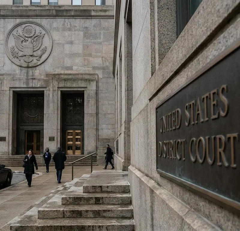 United States District Court building exterior with federal eagle seal and pedestrians