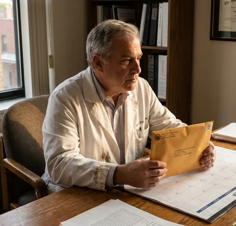 physician in lab coat holding envelope at desk with appointment calendar and diploma