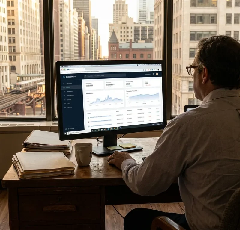 attorney reviewing financial dashboard on desktop monitor in high-rise office